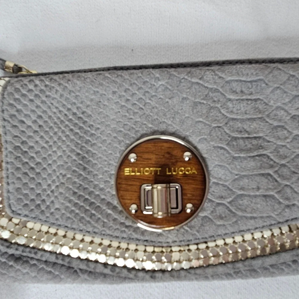 Elliott‎ Lucca Grey Snakeskin Embossed Leather Wristlet Clutch Wood Turn Lock